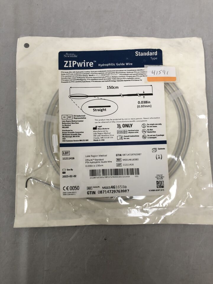 46165B - BOSTON SCIENTIFIC - ZIPwire PTA Hydrophilic Guidewire - Standard, Straight - .038" x 150cm, () - ( Expiry Date: )