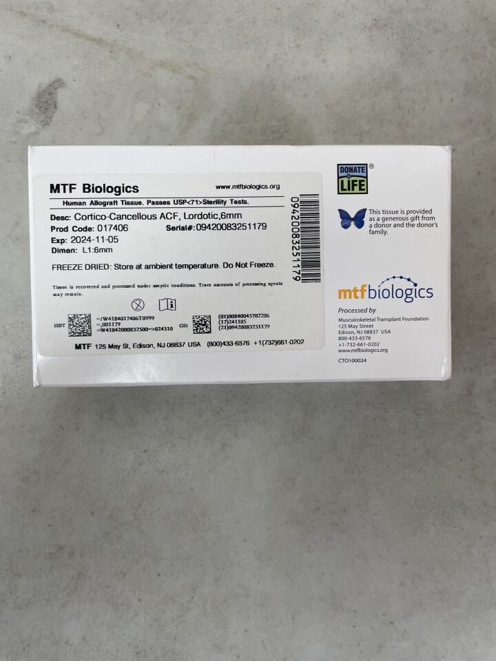 17406 - MTF BIOLOGICS - Human Allograft Tissue Cortico-Cancellous ACF Spacer, Lordotic, 6mm, () - ( Expiry Date: )