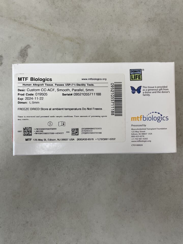19505 - MTF BIOLOGICS - Human Allograft Tissue, Custom CC-ACF, Smooth, Paralell, 5mm, () - ( Expiry Date: )
