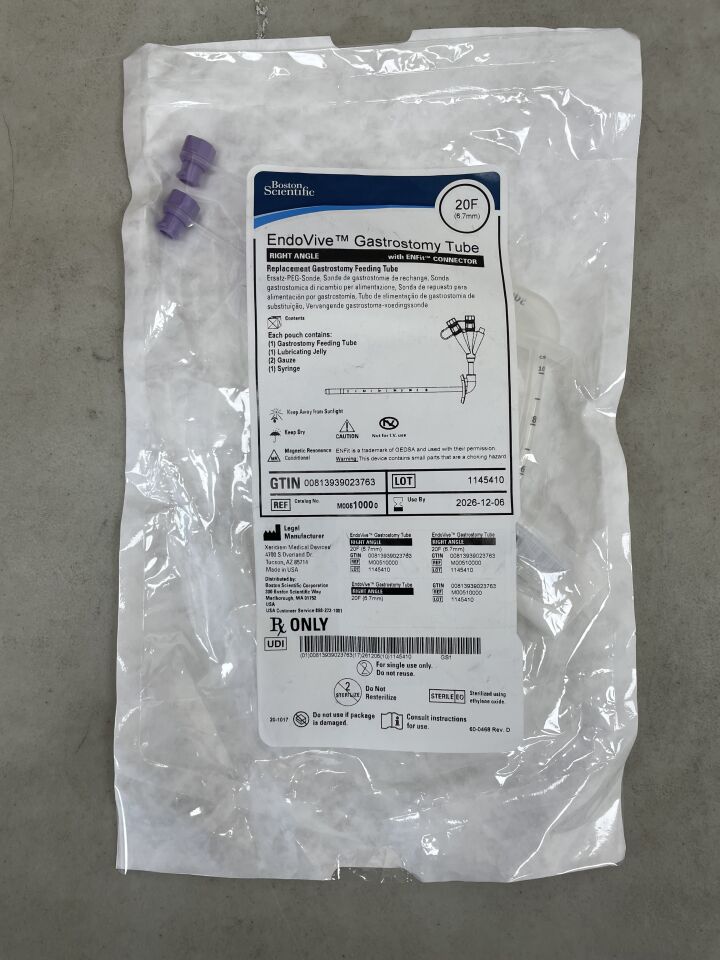 EndoVive gastrostomy tube medical feeding tube in sterile packaging on grey background