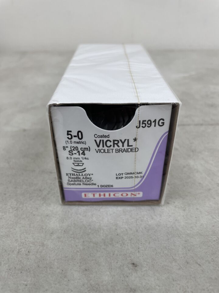 J591G - ETHICON - 塗層維克瑞爾(聚乳酸-羥基乙酸共聚物 910)縫合線,SABRELOC - 刮刀,紫色編織 18 英寸 = 45 厘米,尺寸:5-0,()-(有效期:)