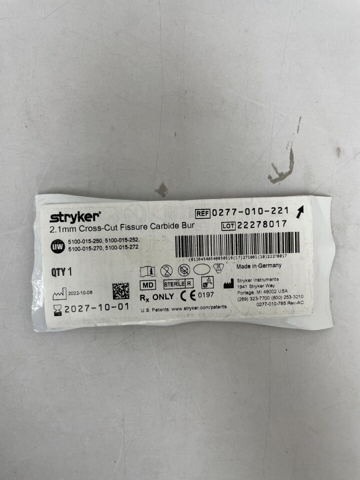 0277-010-221 - STRYKER - Fresa de carburo de fisura de corte transversal de 2,1 mm, ( ) - ( Fecha de caducidad : )