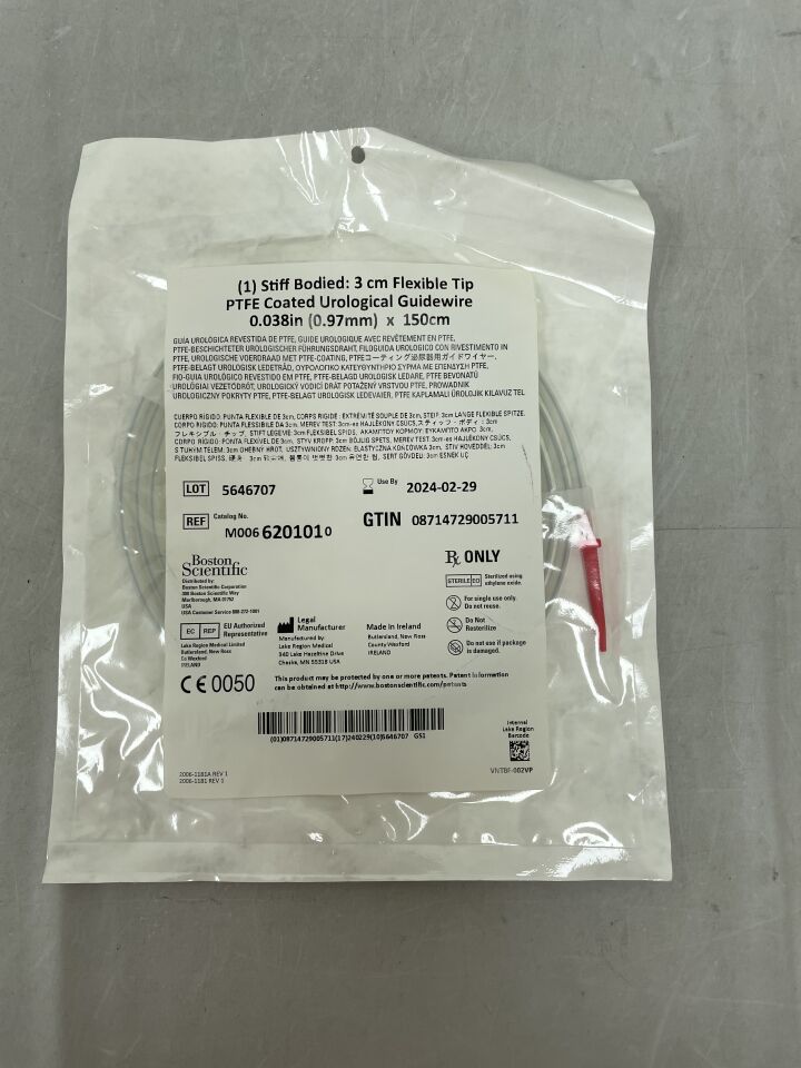 620101 - BOSTON SCIENTIFIC - PTFE Coated Urological Guidewire - Stiff Bodied, Flexible Tip - .038" x 150cm, (EA) - ( Expiry Date: 2024-02-29 )