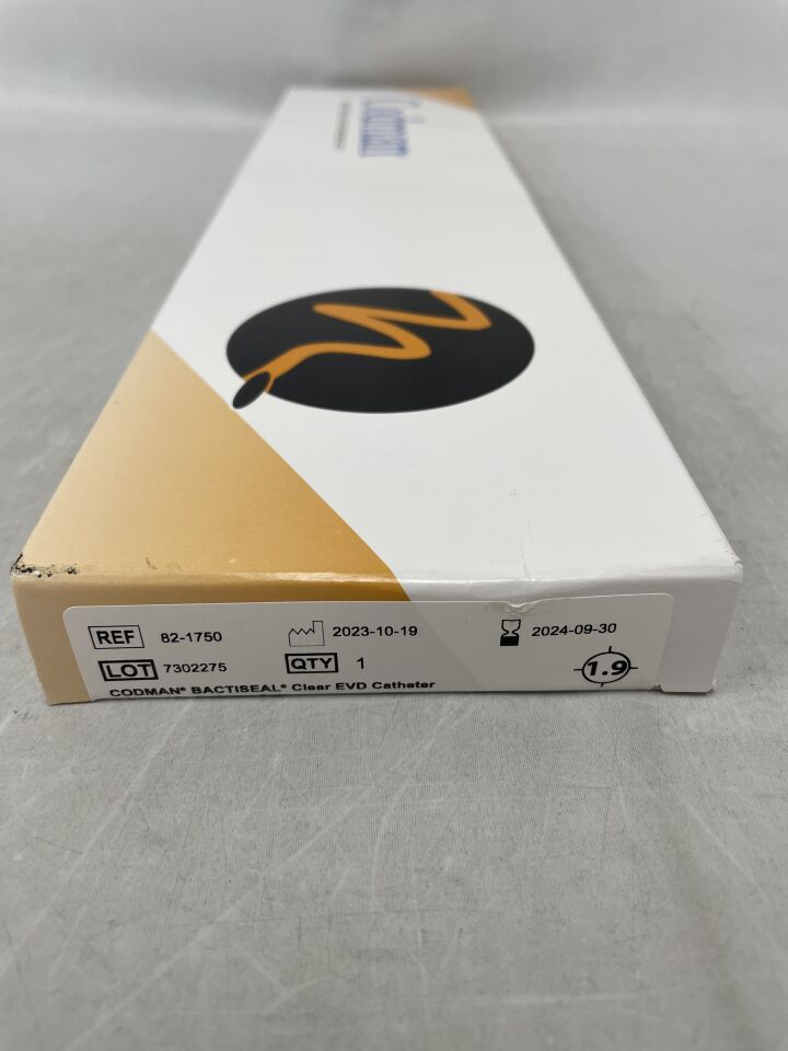 82-1750 - CODMAN - Bactiseal Clear EVD Catheter 1.9mm I.D. Catheter Set - 35mm Ventricular Catheter, Stylet, Connector, Cap, Catheter Anchoring Clip, Trocar, (BX/1) - ( Expiry Date: 2024-08-31 )