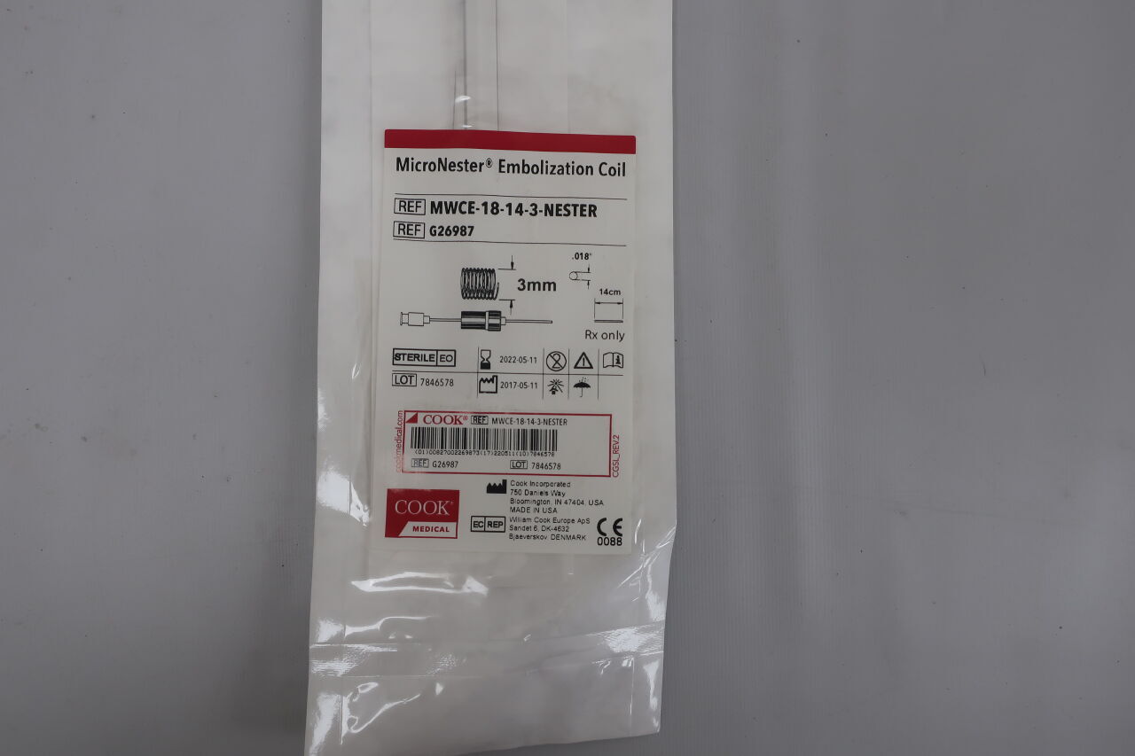 G26987 - COOK - Nester Synthetic Fibered Platinum Embolization Microcoil, 3 mm dia. x 14 cm Embolus Length, (EA) - ( Expiry Date: 2024-06-24 )