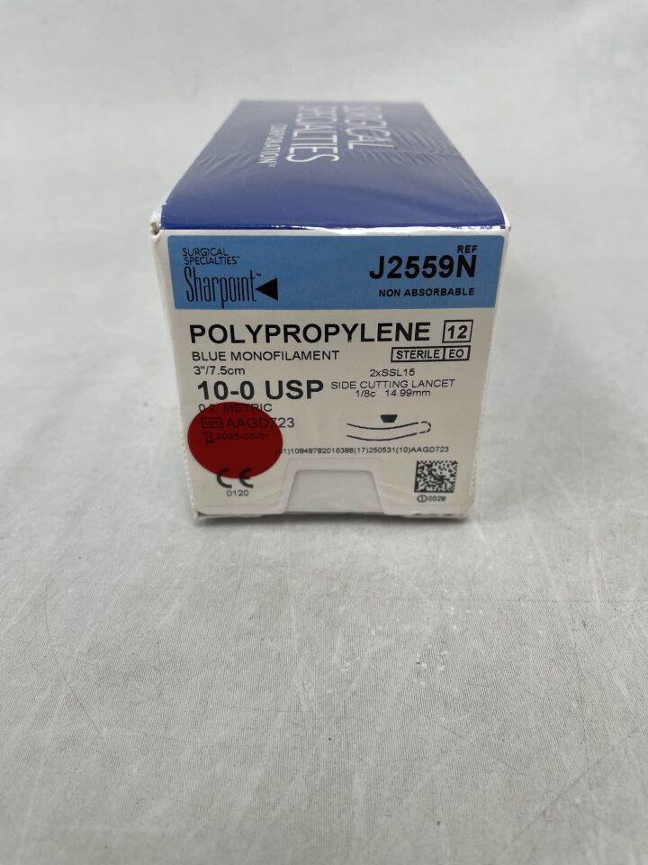 J2559N - SURGICAL SPECIALTIES - Polypropylene Suture, Monofilament, Lancet, Size 10-0, 3"/7.5cm, 14.99mm, 1/8 Circle, (BX/12) - ( Expiry Date: 2025-05-31 )