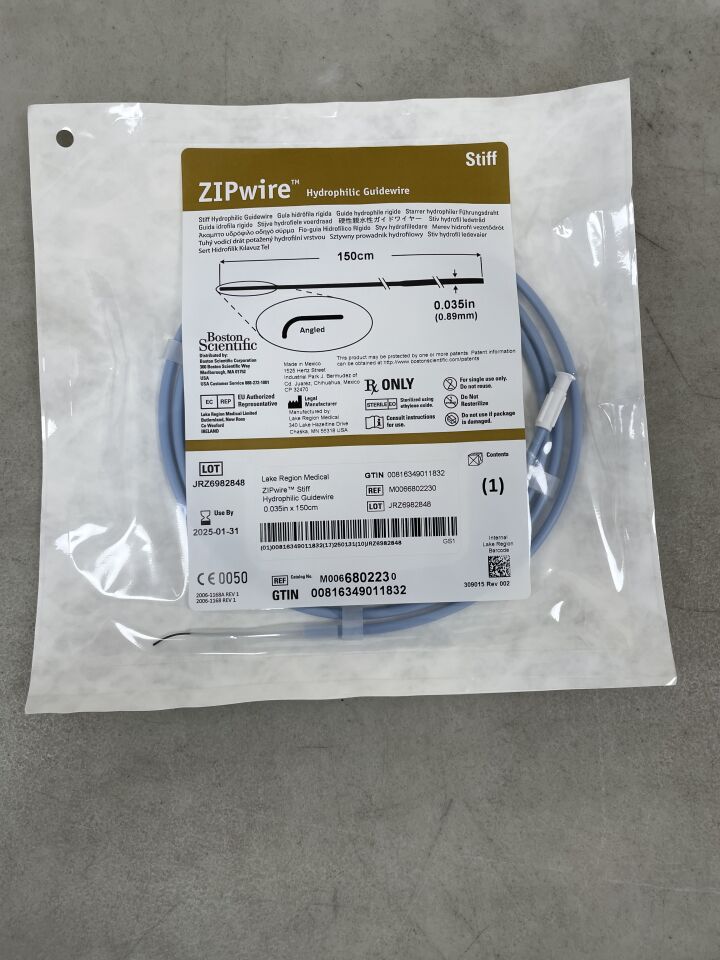 680223 - BOSTON SCIENTIFIC - ZIPwire Hydrophilic Guidewire - Stiff, Angled - .035" x 150cm, () - ( Expiry Date: 2025-01-31 )