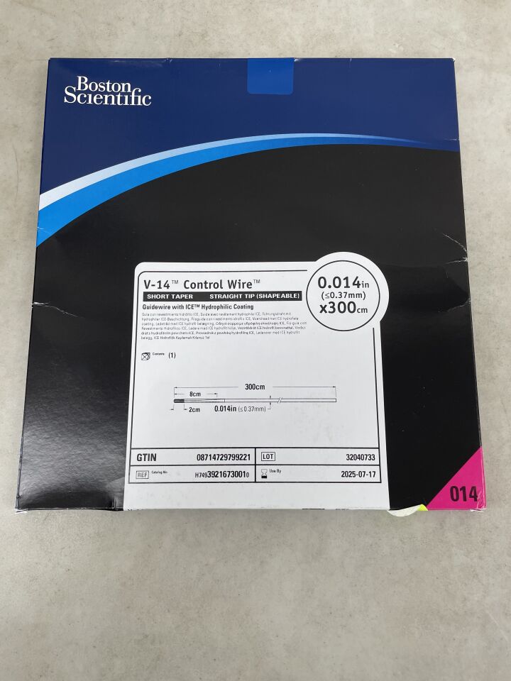 3921673001 - BOSTON SCIENTIFIC - V-14 Control Wire with ICE Hydrophilic Coating - Short Taper, Straight Tip (Shapeable) Guidewire - .014" x 300cm, (BX/1) - ( Expiry Date: 2025-07-17 )