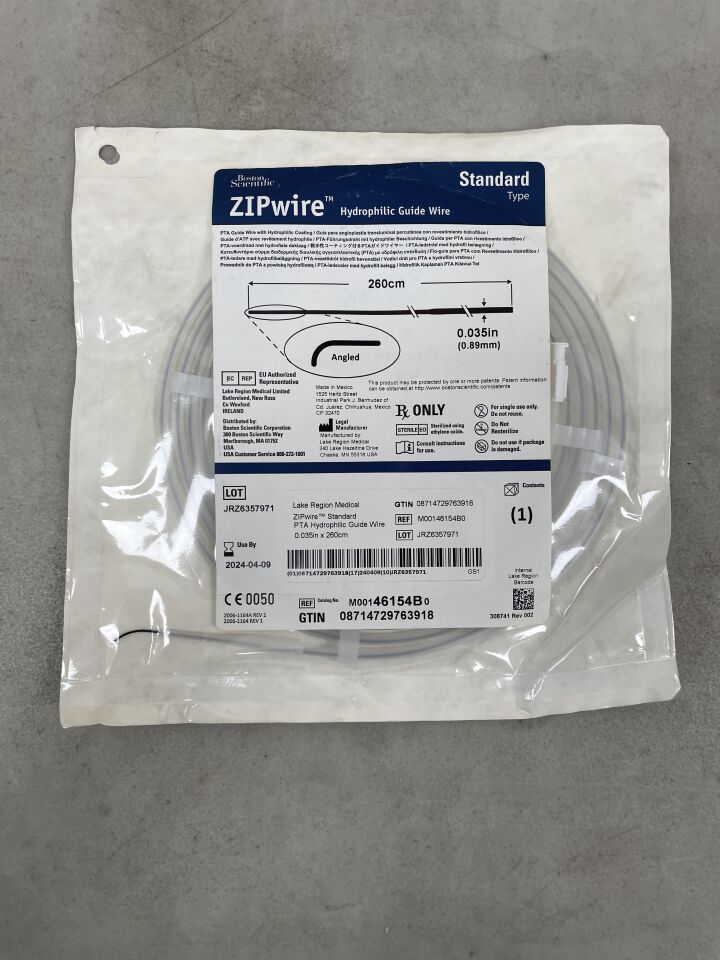 46154B - BOSTON SCIENTIFIC - ZIPwire Hydrophilic Guidewire, Standard Type, Angled, 260cm x 0.035in, (EA) - ( Expiry Date: 2024-04-09 )