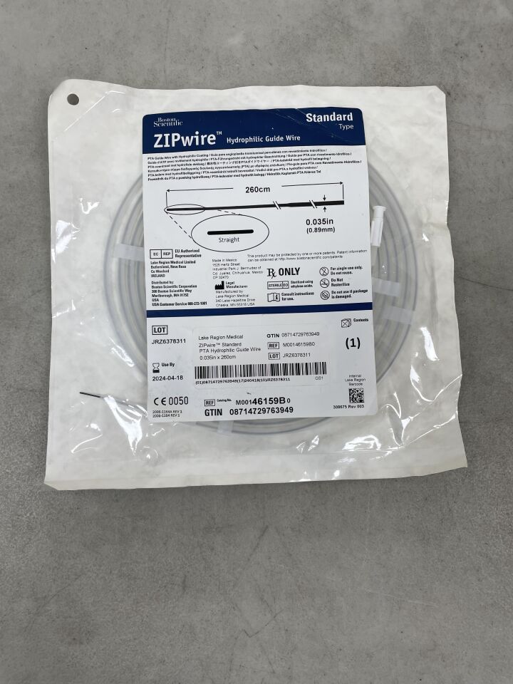 46159B - BOSTON SCIENTIFIC - ZIPwire PTA Hydrophilic Guidewire - Standard, Straight - .035" x 260cm, (EA) - ( Expiry Date: 2024-04-18 )