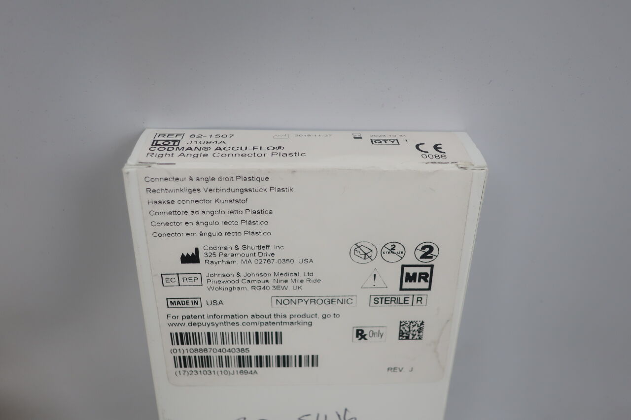 82-1507 - CODMAN - ACCU-FLO Right Angle Connector Plastic Cerebrospinal fluid shunt connector, (BX/1) - ( Expiry Date: 2025-03-31 )