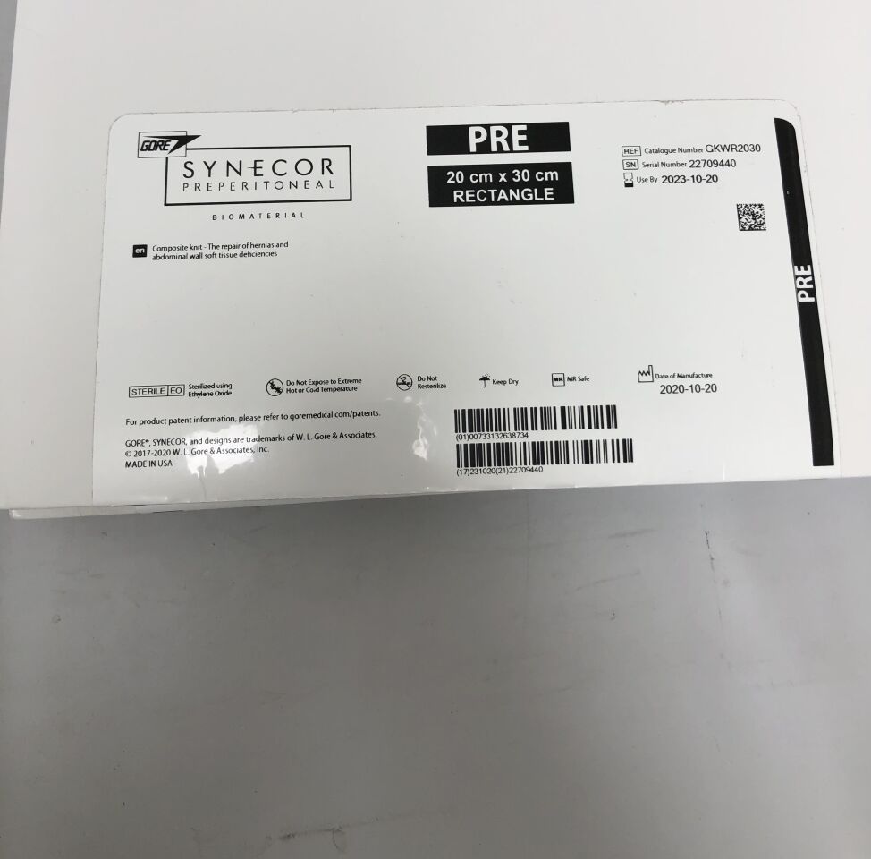 GKWR2030 - GORE - Synecor Intraperitoneal Biomaterial, PRE Rectangle 20cm x 30cm, (BX/1) - ( Expiry Date: 2023-10-20 )
