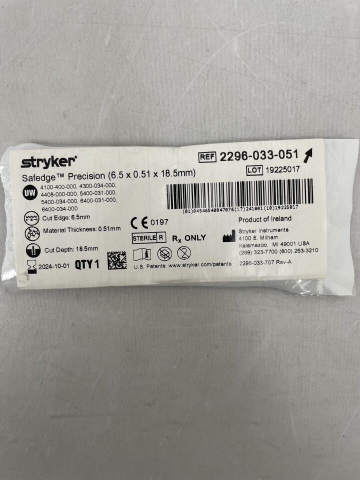 2296-033-051 - STRYKER - Safedge Precision Thin Blade 6.5mm x 18.5mm x 0.38mm, (EA) - ( Expiry Date: 2024-10-01 )