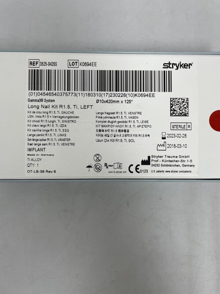 3525-0420S - STRYKER - Gamma3 System Long Nail Kit R1.5, Ti, Left 10mm x 420mm x 125 degrees, (BX/1) - ( Expiry Date: 2022-08-31 )