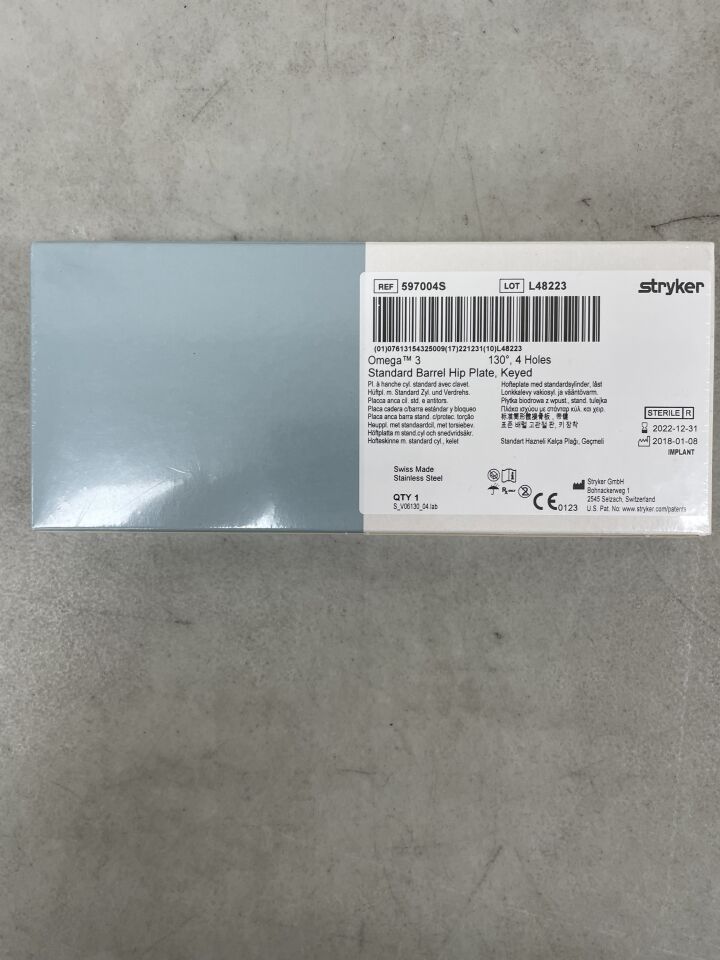 597004S - STRYKER - Omega 3 Keyed Hip Plate, Standard Barrel 4H / 130 Degrees / 79mm, (BX/1) - ( Expiry Date: 2022-12-31 )
