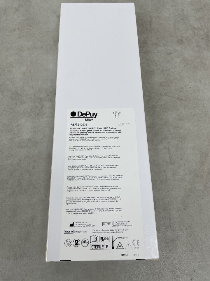 212033 - DEPUY - Mini Quick Anchor Plus, Size 2-0, Green Ethibond Braided Polyester Suture, 18in length, V-5 needle, (BX/1) - ( Expiry Date: 2024-08-31 )