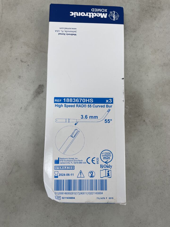1883670HS - MEDTRONIC - HIGH SPEED RAD 55 CURVED BURR, 3.6mm, (BX/3) - ( Expiry Date: 2024-06-11 )
