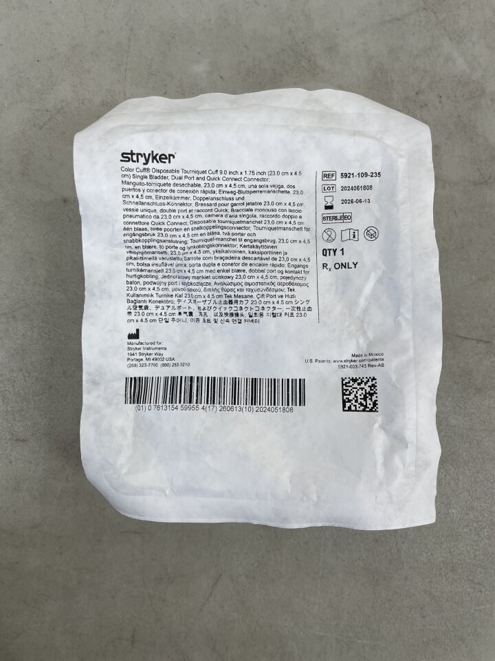 5921-109-235 - STRYKER - Color Cuff Tourniquet Single Bladder Dual Port, Quick 9" x 1.75" , ( EA ) - ( Expiry Date : 2026-06-13 )