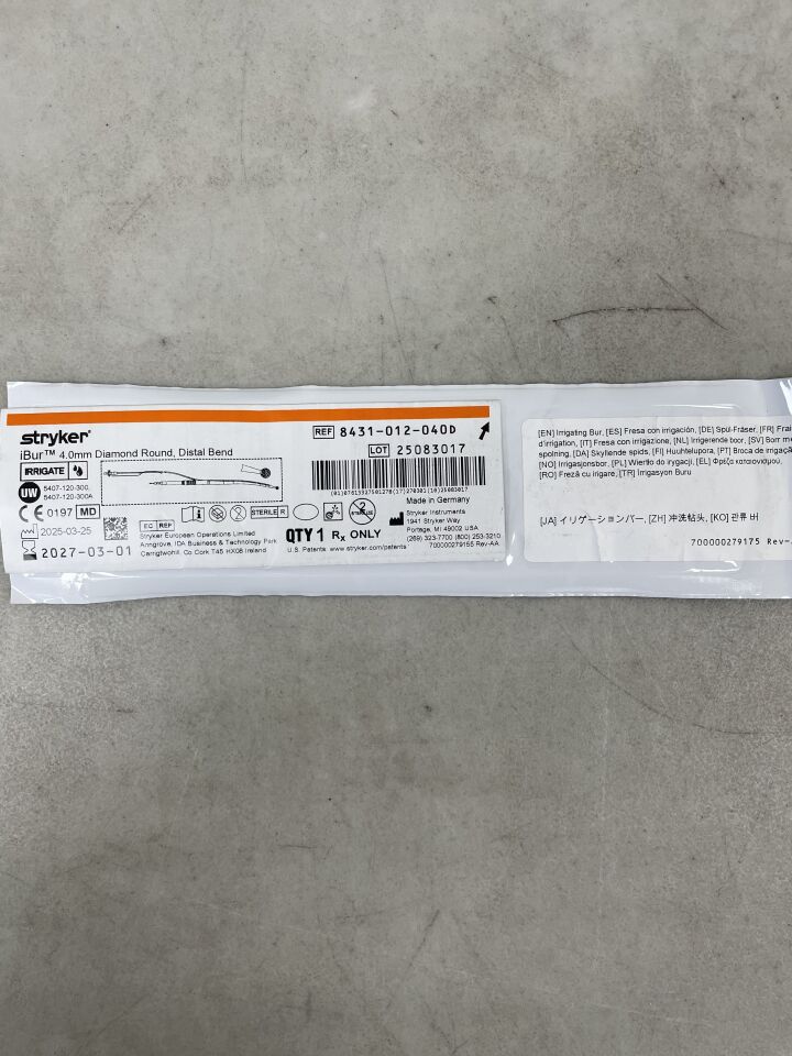 8431-012-040D - STRYKER - iBur Steel Diamond Round Cutting Burr, 4 mm dia. x 12.5 cm Length, 15 Distal Bend , ( EA ) - ( Expiry Date : 2027-03-01 )