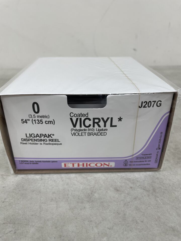J207G - ETHICON - 塗層 VICRYL®(聚乳酸-羥基乙酸共聚物 910)縫合線,LIGAPAK 結紮捲軸,可吸收,紫色編織 144 英寸 = 366 厘米,尺寸:0,(盒/12)-(有效期至:2026-02-28)