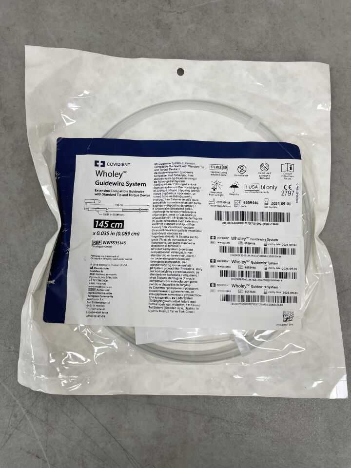 WWSS35145 - COVIDIEN - Wholey Guidewire System, Standard Tip, Extension Compatible, 0.035" x 145cm, (EA) - ( Expiry Date: 2024-09-01 )