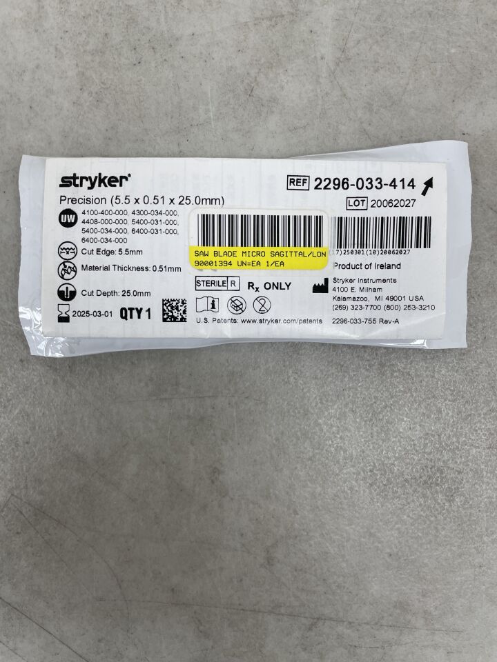 2296-033-414 - STRYKER - Thick Micro Oscillating/Sagittal Saw Blade, 25 L x 5.5 mm, (EA) - ( Expiry Date: 2025-03-01 )