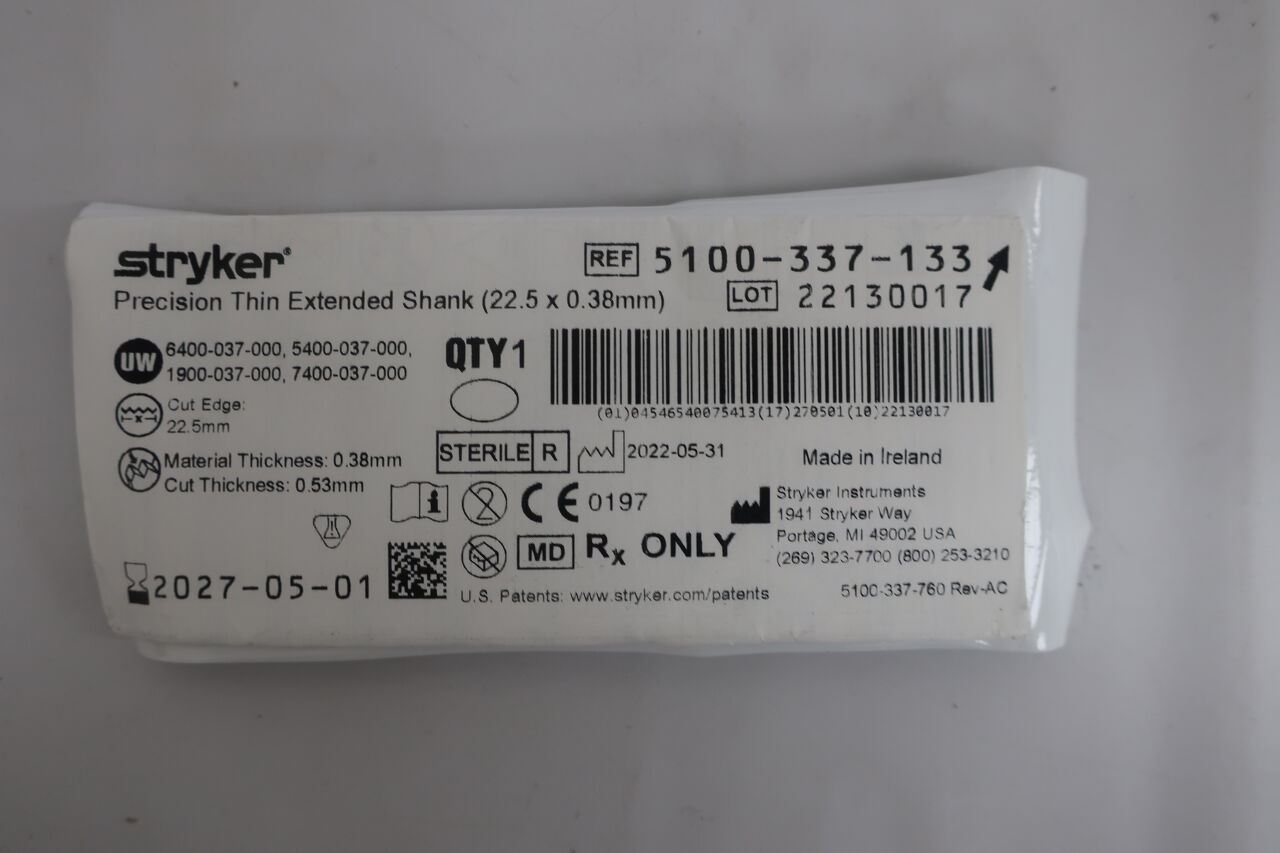 5100-337-133 - STRYKER - Precision Thin Extended Reciprocating Saw Blade, 22.5 mm W, (EA) - ( Expiry Date: 2025-05-01 )