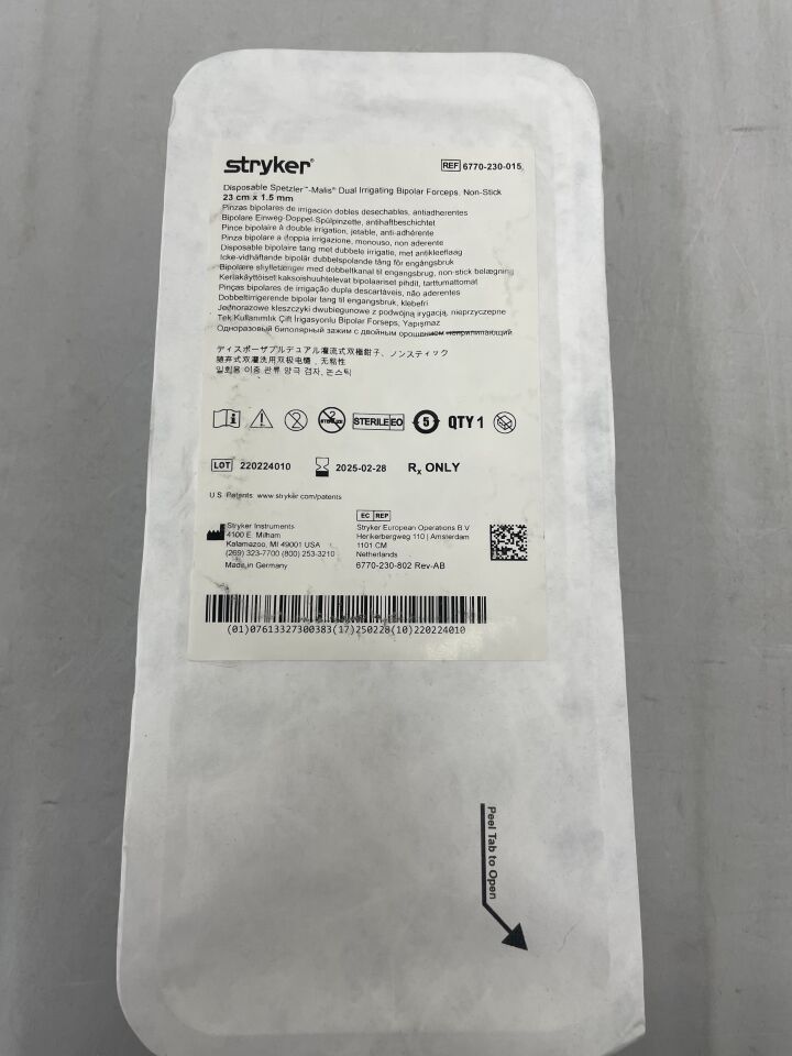 6770-230-015 - STRYKER - Disposable Spetzler- Malis Dual Irrigating Bipolar Forceps 23cm x 1.5mm, (EA) - ( Expiry Date: 2024-10-04 )