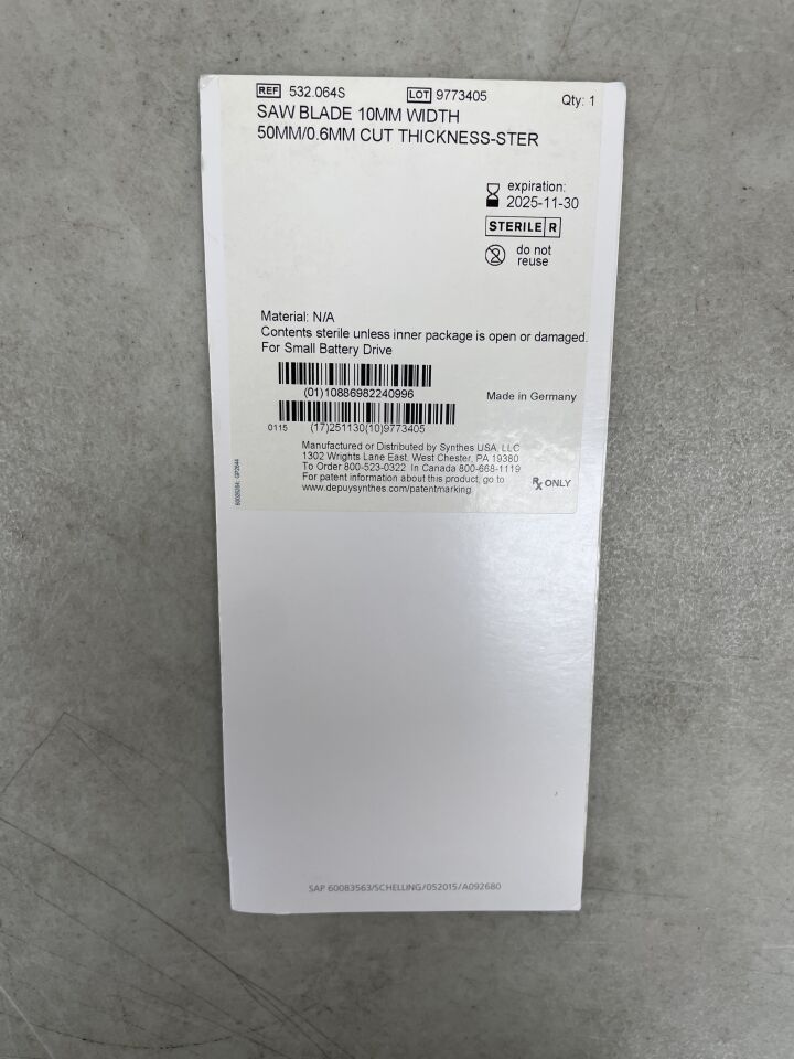532.064S - SYNTHES - Saw Blade 10mm Width, 50mm/0.6mm Cut Thickness, (BX/1) - ( Expiry Date: 2025-11-30 )