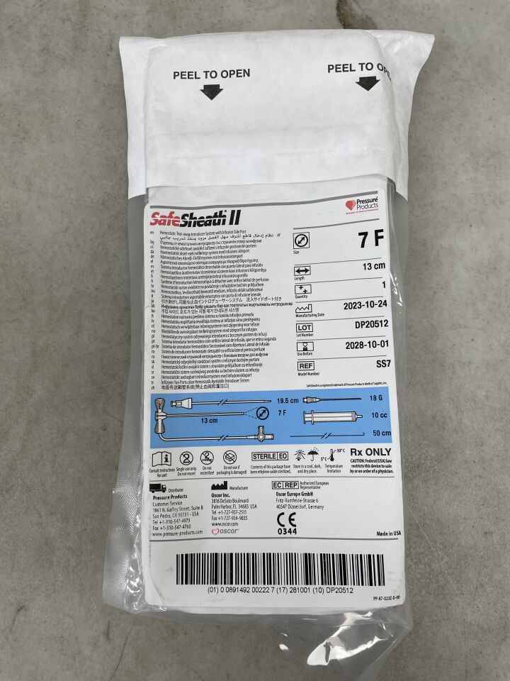 SS7 - OSCOR - SafeSheath II Hemostatic Tear-away Introducer System with Infusion Side Port, 7F x 13 cm , ( EA ) - ( Expiry Date : 2028-10-01 )