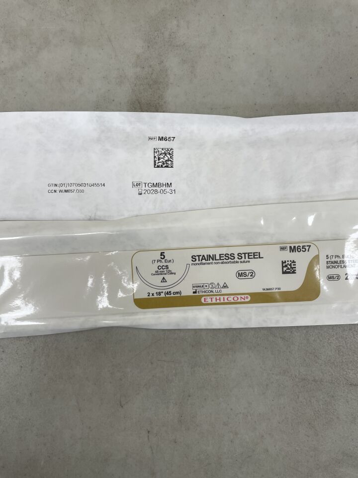 M657G - ETHICON - 外科不鏽鋼縫合線,常規切割 - 胸骨,不可吸收,CCS 48mm ½ 圓,單絲 B & S 20 2-18" = 45cm,規格:5,(EA)-(有效期至:2028-05-31)