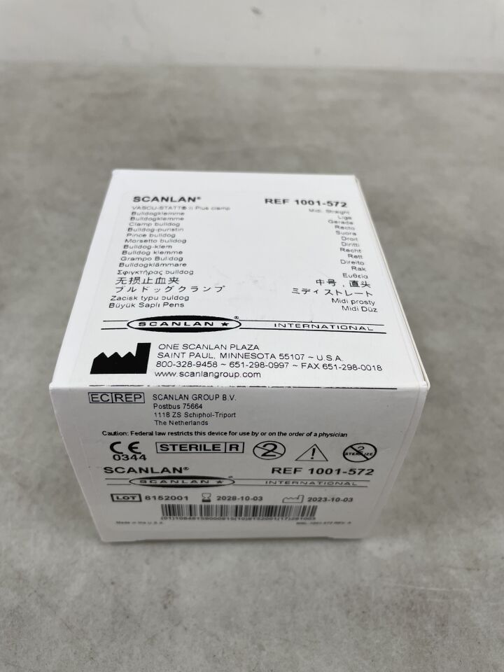 1001-572 - SCANLAN - Pinzas Bulldog Vascu-Statt II Plus, rectas, midi (2 por paquete), (caja de 5) - (Fecha de caducidad: 03/10/2028)
