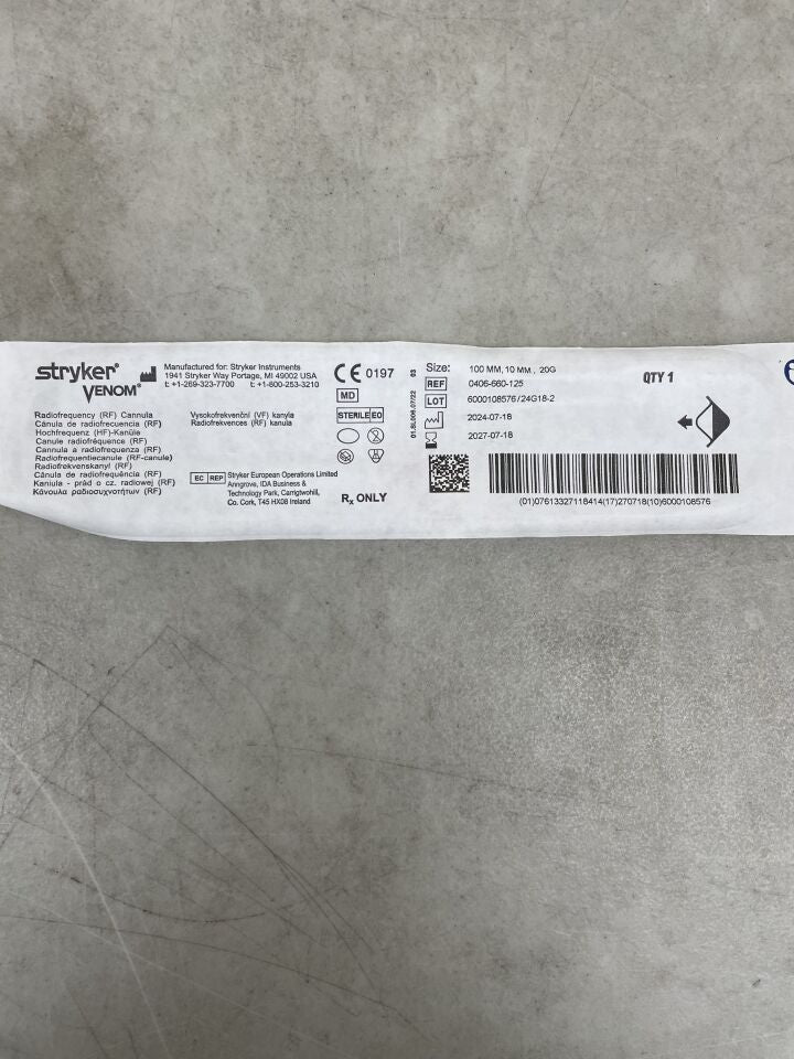 0406-660-125 - STRYKER - Cánula Venom RF, Cirugía de Alta Frecuencia, 20 G x 100 mm, Punta de 10 mm, Curva, (Unidad) - (Fecha de vencimiento: 18/07/2027)
