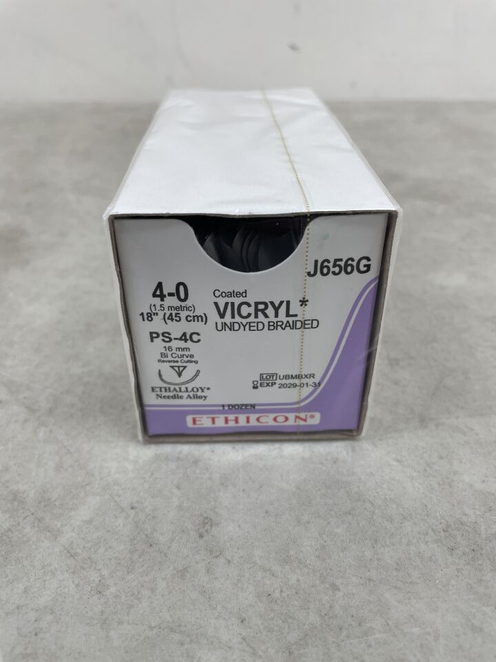 J656G - ETHICON - COATED VICRYL Suture, Precision Point - Reverse Cutting, Absorbable, Undyed Braided 18" = 45cm, Size: 4-0 , ( BX/12 ) - ( Expiry Date : 2029-01-31 )