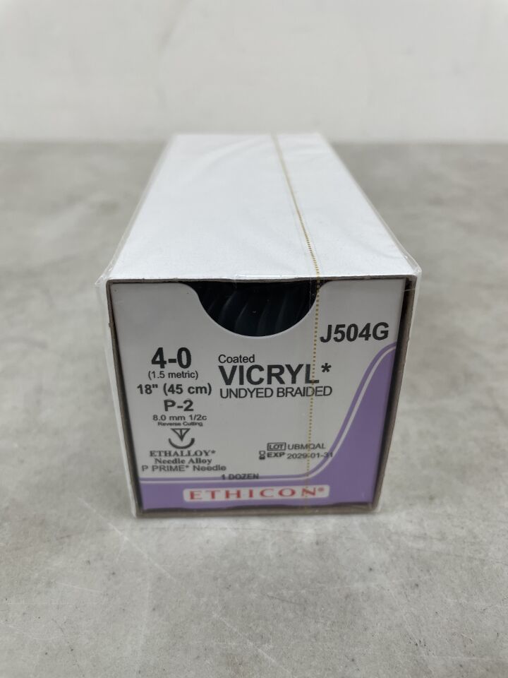 J504G - ETHICON - 塗層薇喬可吸收編織聚乳酸-羥基乙酸共聚物 910 縫合線,4-0 號,18 英寸長,P-2 針,(盒/12)-(有效期至:2029-01-31)
