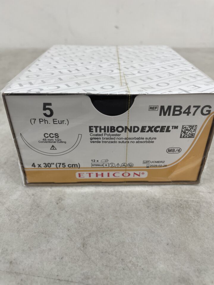 MB47G - ETHICON - Ethibond Excel Non-Absorbable Braided Polyester Suture, Size 5-0, 30 in. Length, CCS Needle , ( BX/12 ) - ( Expiry Date : 2029-02-28 )