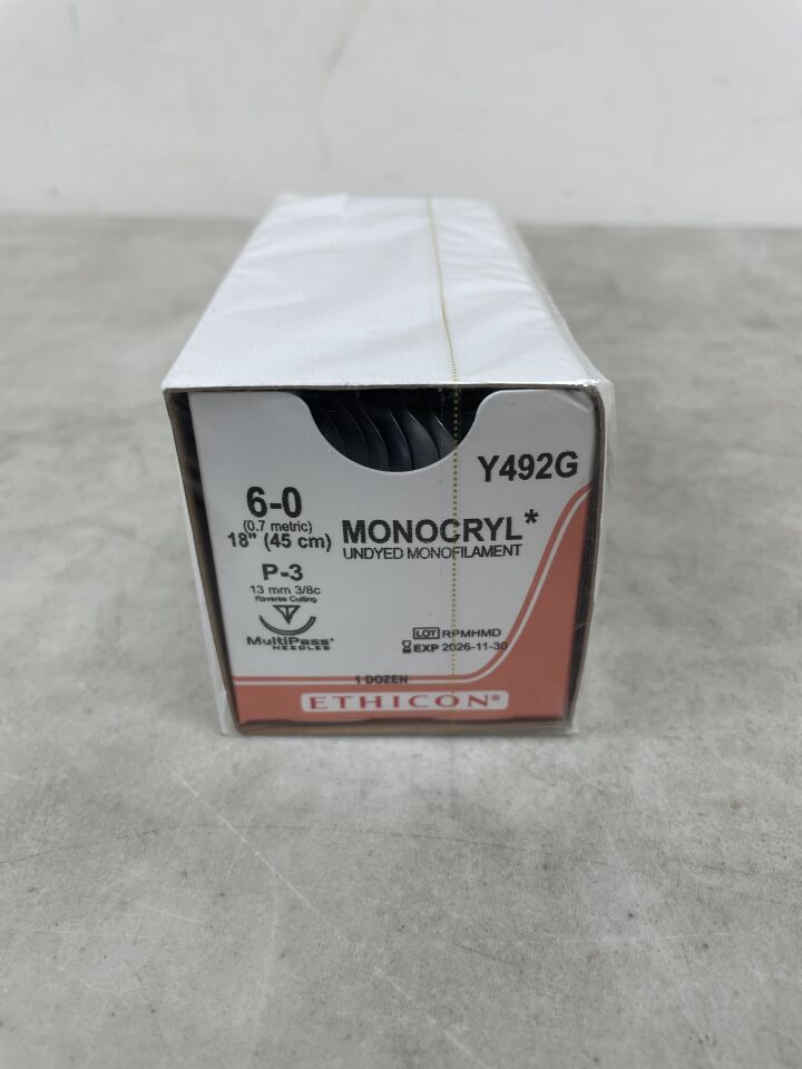 Y492G - ETHICON - MONOCRYL (poliglecaprone 25) Suture, Precision Point - Reverse Cutting, Undyed Monofilament 18" = 45cm, Size: 6-0 , ( BX/12 ) - ( Expiry Date : 2026-11-30 )
