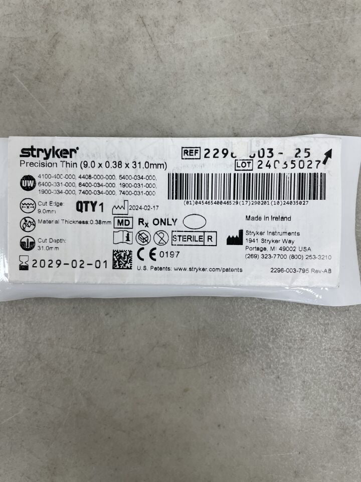 2296-003-125 - STRYKER - Micro Sagittal Saw Blade, 39 L x 9.2 mm , ( EA ) - ( Expiry Date : 2029-02-01 )