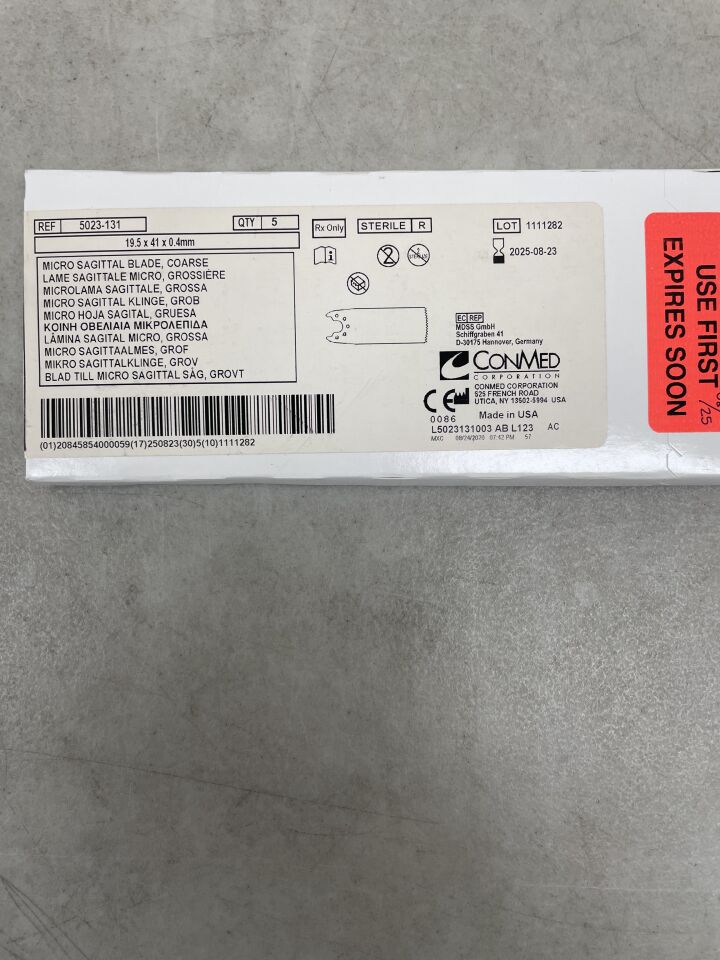 5023-131 - CONMED - Small Bone Micro Sagittal Saw Blade, 41 L x 19.5 mm W, (BX/5) - ( Expiry Date: 2025-08-23 )