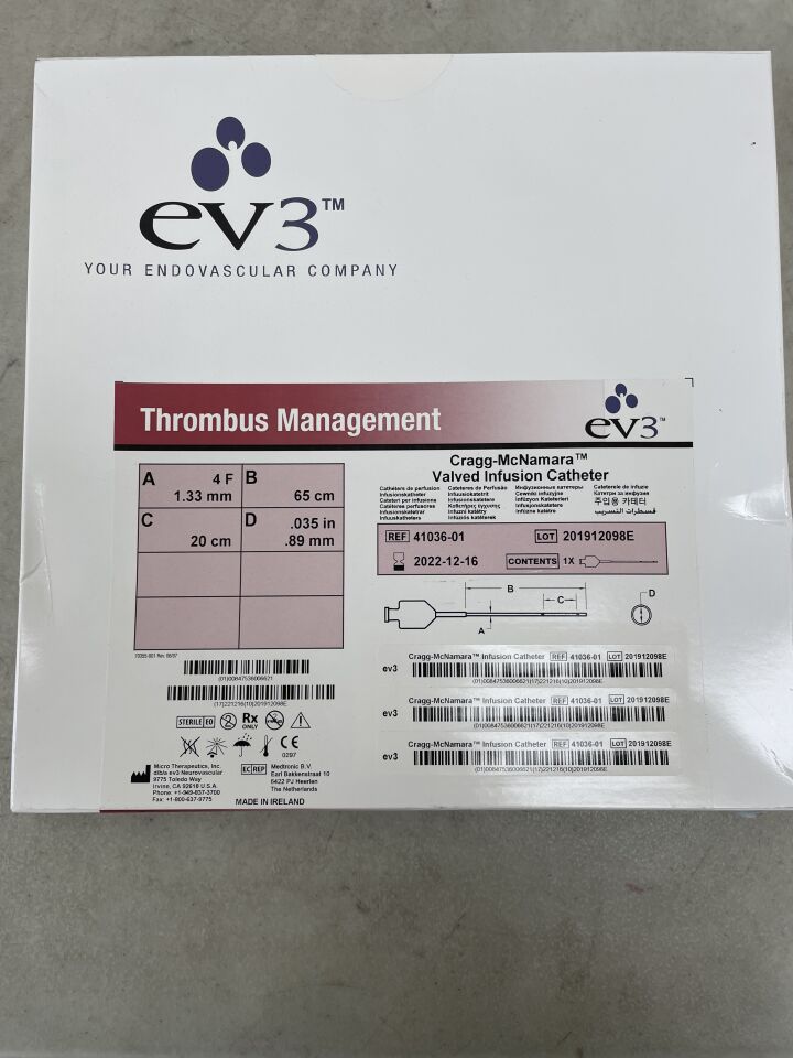 41036-01 - EV3 - Thrombus Management Cragg-McNamara Valved Infusion Catheter - 4Fr x 65cm x 20cm, (BX/1) - ( Expiry Date: 2022-12-16 )