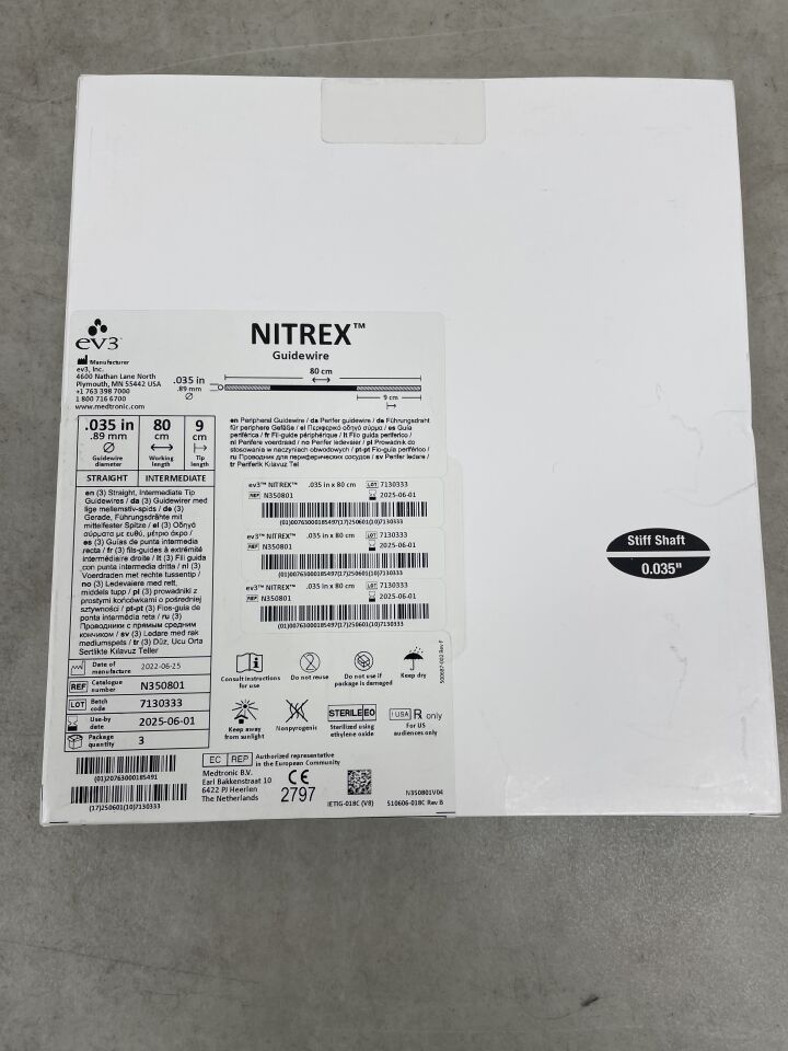 N350801 - EV3 - Nitrex Intermediate Guidewire: 0.035" x 80cm, Straight, (BX/3) - ( Expiry Date: 2025-06-01 )