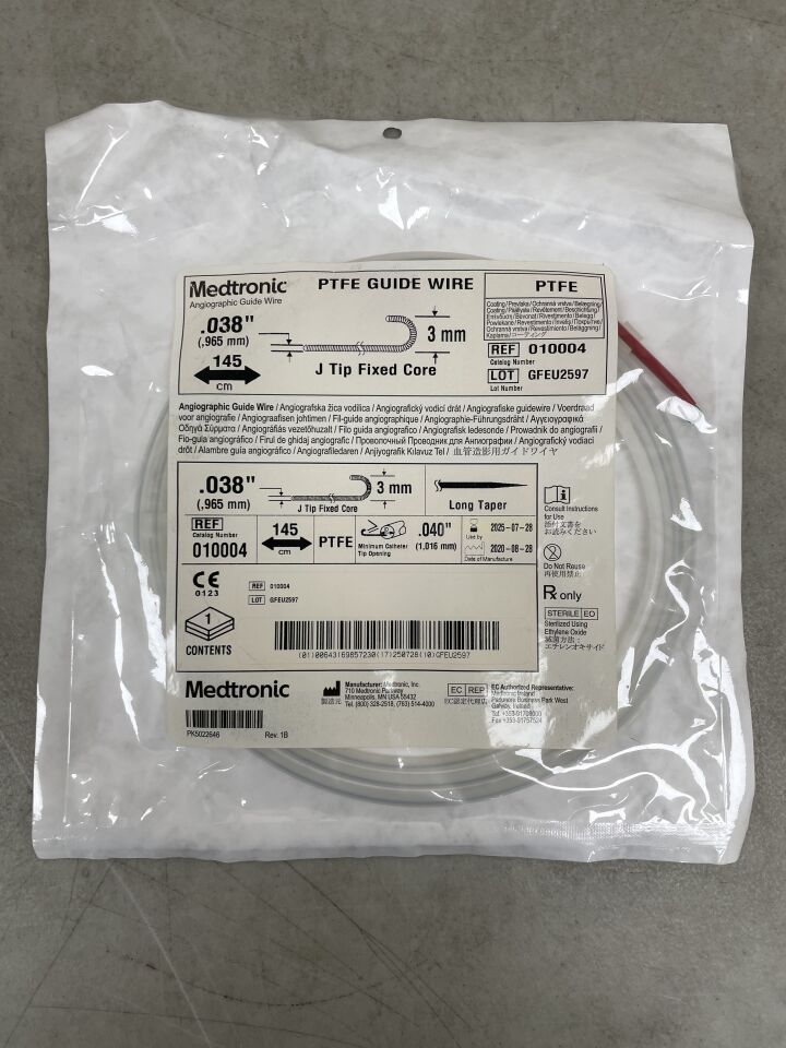 10004 - MEDTRONIC - Angiographic Guide Wire - PTFE - J-Tip Fixed Core - .038" x 3mm x 145cm, (EA) - ( Expiry Date: 2025-07-28 )