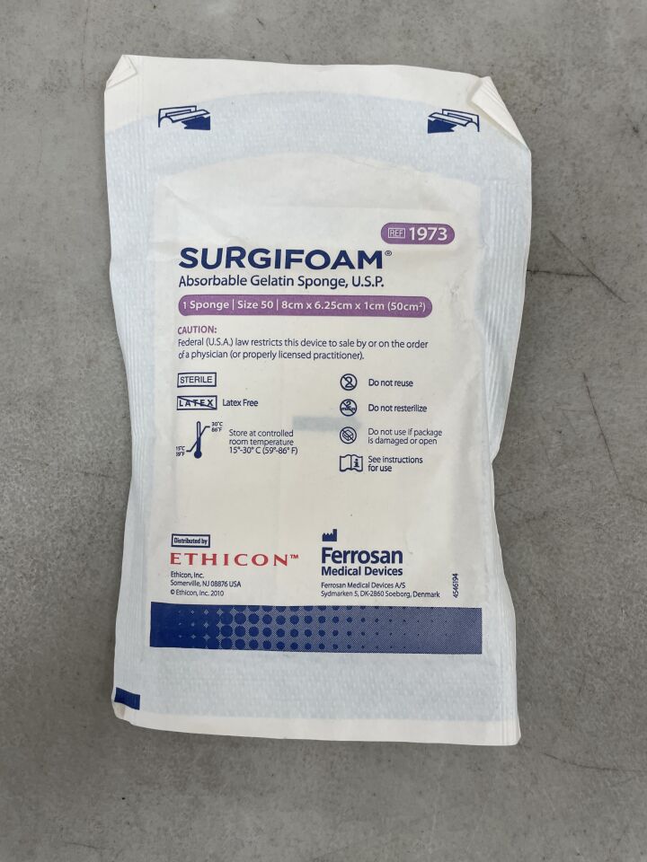1973 - ETHICON - Surgifoam Absorbable Gelatin Sponge, 2 x 6 cm x 7 mm, (EA) - ( Expiry Date: 2025-01-14 )