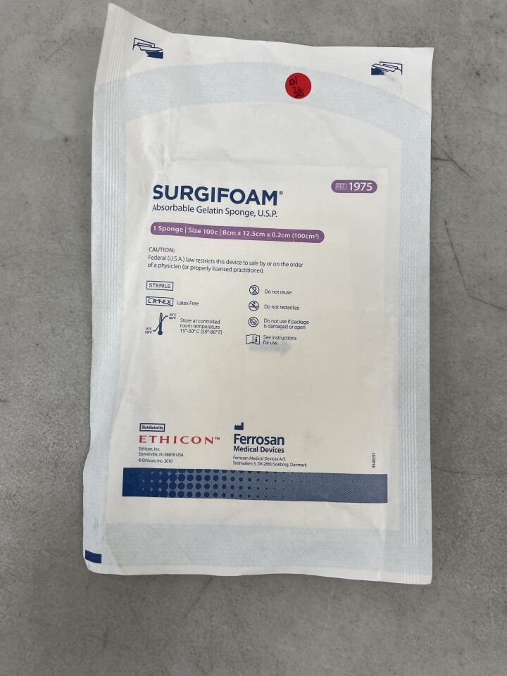 1975 - ETHICON - Surgifoam Absorbable Gelatin Sponge, 8 x 12.5 cm x 2 mm, (EA) - ( Expiry Date: 2025-01-26 )