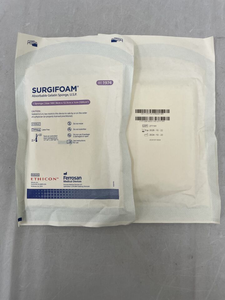 1974 - ETHICON - SURGIFOAM Absorbable Gelatin Sponge, size 100, 8cm x 12.5cm x 1cm , ( EA ) - ( Expiry Date : 2028-10-22 )
