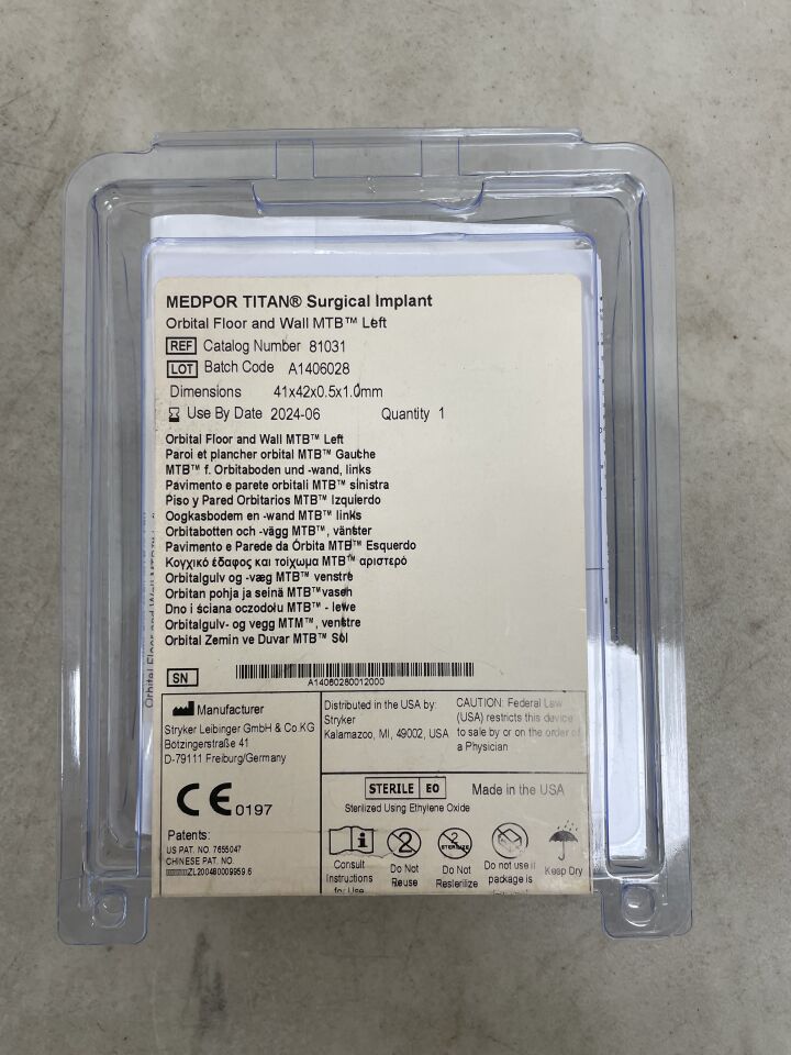 81031 - STRYKER - Medpor Titan Orbital Floor and Wall (OFW) 41mm x 42mm x 0.5mm, 1.0mm MTB Left, (EA) - ( Expiry Date: 2024-06-01 )