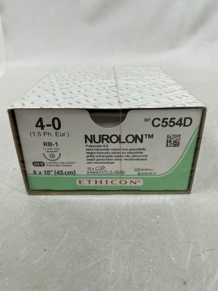 C554D - Sutura de nailon ETHICON - NUROLON, punta cónica, no absorbible, RB-1, 17 mm, ½ círculo, trenzado negro, 8-18" (45 cm), tamaño: 4-0, (caja de 12) - (Fecha de caducidad: 31/08/2026)