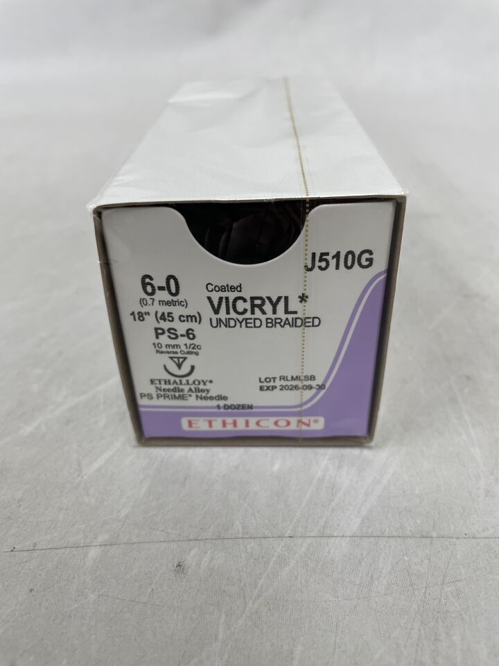 J510G - ETHICON - 塗層薇喬可吸收編織聚乳酸-羥基乙酸共聚物 910 縫合線,6-0 號,18 英寸長,PS-6 針,(盒裝/12)-(有效期至:2026-09-30)