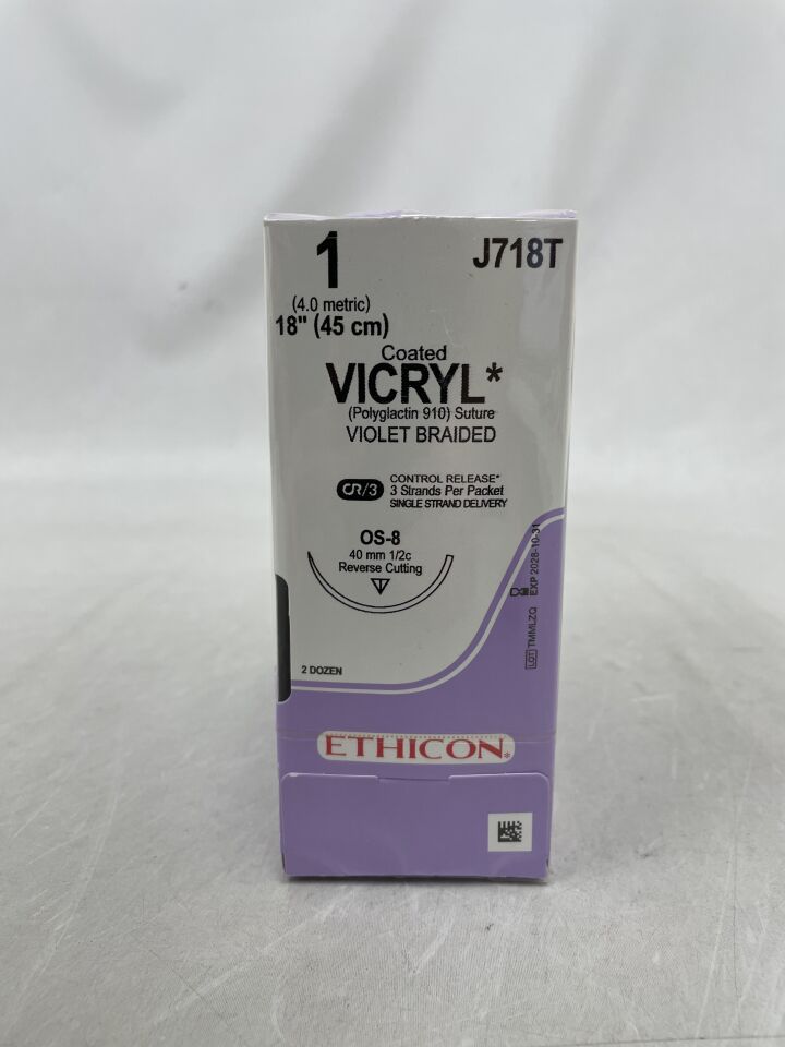 J718T - ETHICON - Coated Vicryl Absorbable Braided Polyglactin 910 Suture, Size 1, 18 in. Length, OS-8 Needle , ( BX/24 ) - ( Expiry Date : 2028-10-31 )