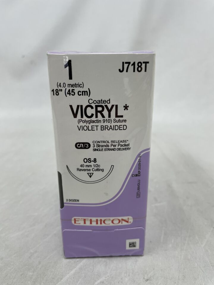J718T - ETHICON - Coated Vicryl Absorbable Braided Polyglactin 910 Suture, Size 1, 18 in. Length, OS-8 Needle , ( BX/24 ) - ( Expiry Date : 2029-01-31 )